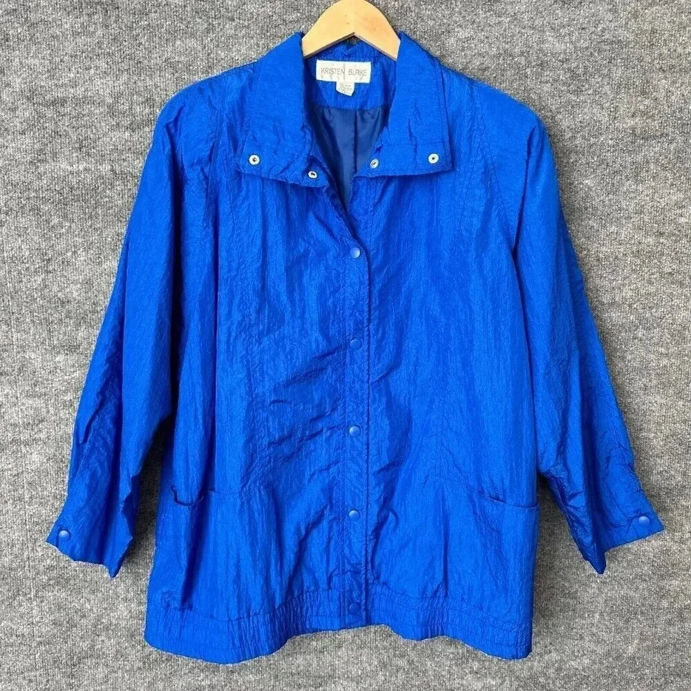 Vintage 90s Kristen Blake Windbreaker Womens M Blue Nylon Crinkle Loose Jacket - Picture 4 of 16